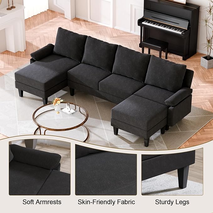 Sectional Couches for Living Room Furniture Sets, 4 Seat L Shaped Couches with Ottoman, Modular Sectional Sofa for Apartment Furniture Sets, Linen Black