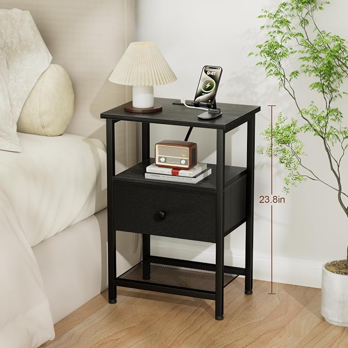 LOAKEKEL Night Stand with Charging Station, Small Bedside Table with Fabric Drawer, Nightstand with USB Ports & Outlets for Bedroom, Black, HETS010BK-1 - Image 3