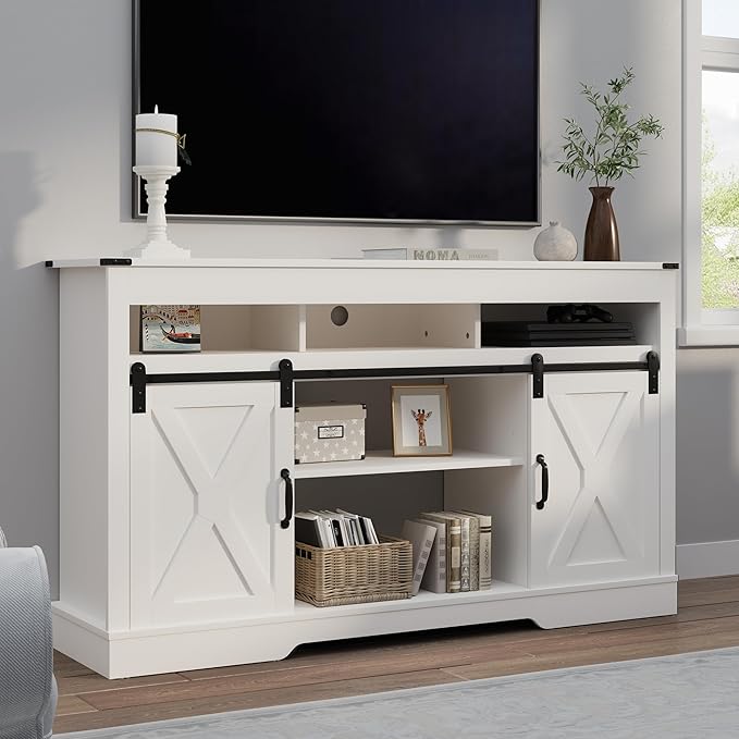 RoyalCraft Farmhouse TV Stand for 23" Fireplace, 34'' Tall Entertainment Center for 65+ Inch TV, 34" Tall Rustic TV Console with Sliding Bar Door for Living Room, White by Bringyoubetterlife