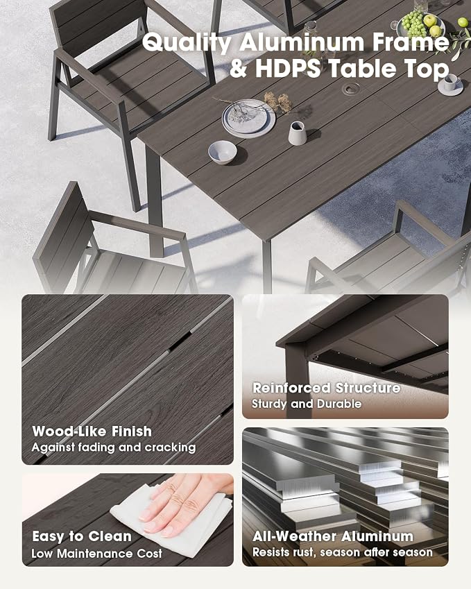 Outdoor Dining Set for 4, Aluminum Patio HDPS Outdooor Table and Chairs Set with Umbrella Hole, All Weather Patio Furniture Set, 5 Peice Patio Dining Table Set (Charcoal) - Image 5