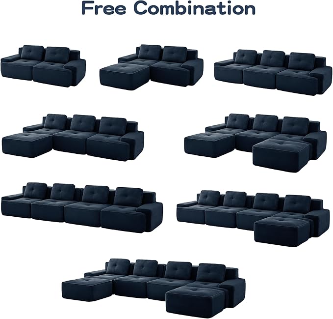 Casaphoria 150'' Blue Corduroy Cloud Couch, 4-Seater Boneless Sectional Sofa with 4 Pillows for Living Room, Deep Seat Sofa, No Assembly Required