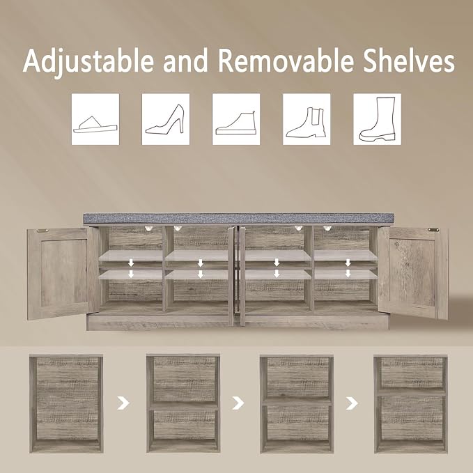 DINZI LVJ Shoe Bench, Entryway Storage Bench with Doors, Cushion, 2-Tier Shoe Rack with 8-Cubby, 47.2”L x 13.8”W Shoe Organizer Cabinet, Adjustable Shelf, Living Room, Bedroom, Gray Wash - Image 4