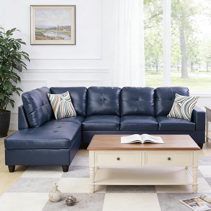 103.5 Inch Modern L-Shaped Couch, Faux Leather Sectional Sofa with Chaise Lounge, 4-Seater Couch with Accent Pillows for Living Room, Apartment, Blue