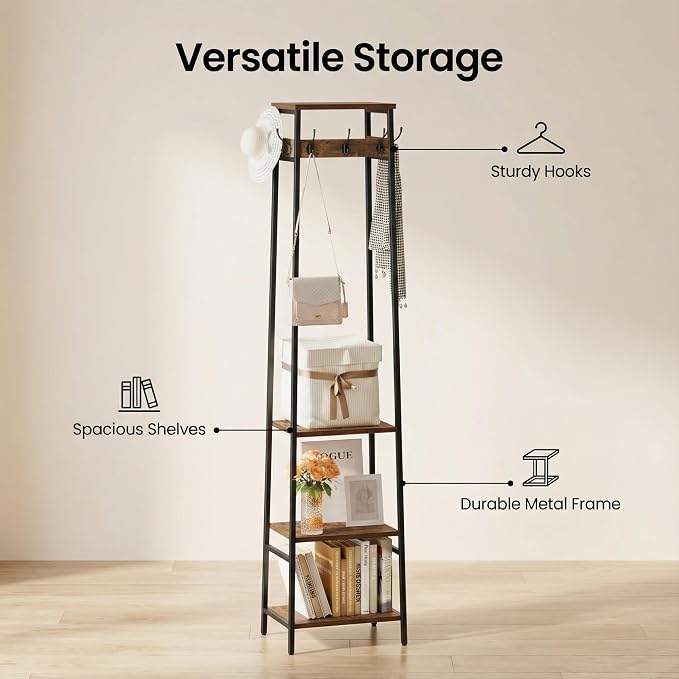 Coat Rack Freestanding, Coat Stand with 3 Shelves and 7 Hooks, Hall Tree Free Standing, Clothes Rack Stand Organizer, Industrial Style, Rustic Brown and Black - Image 3