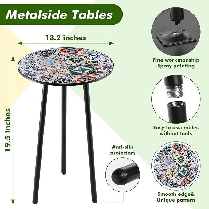 1 Pack Metal Outdoor Side Table Small Outside Round End Table for Patio Modern Accent Garden Corner Table for Small Spaces, Balcony, Porch, Weather-Resistant, Plant Stand Indoor, Mixed Mosaic - Image 3