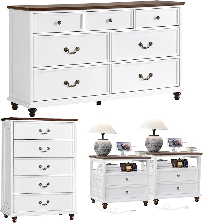 Joaxswe 24" Wide Farmhouse Nightstand with Charging Station Set of 2,54" 7 Drawers Dresser, 45" Tall Rustic Chests of 5 Drawers, Farmhouse Furniture Series for Bedroom,White