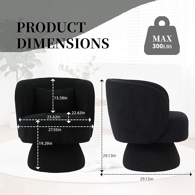 ClinQ Swivel Barrel Chair with Pillow Set of 2, Cloud Velvet Accent Chair, Upholstered Cuddle Reading Lounge Chair, 360° Modern Boucle Swivel Curved Armchair for Living Room, Bedroom, Office, Black