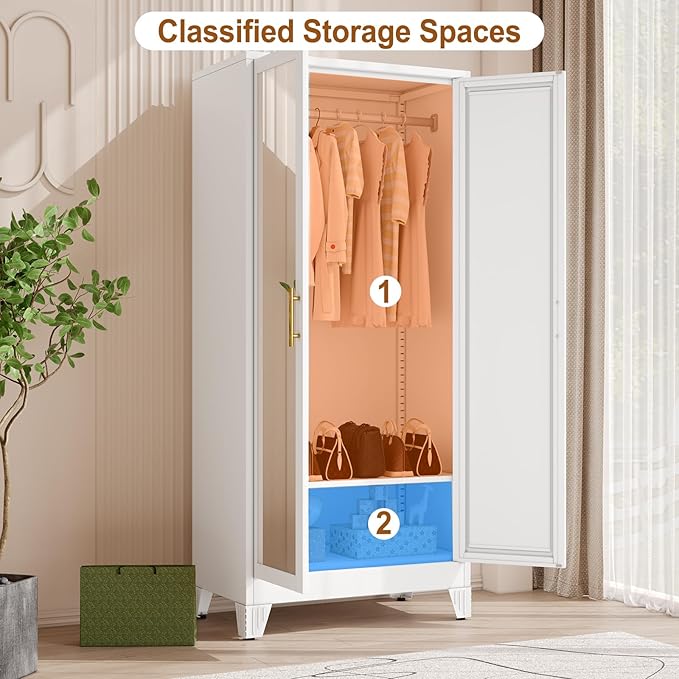 Metal Armoire Wardrobe Closet Storage Cabinet with Mirror White, 71'' Wardrobe Cabinet with Hanging Rod Metal Closet with 2 Adjustable Shelves for Bedroom, Laundry Room, Cloak Room