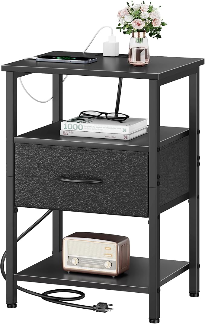 Vagusicc Set of 2 Nightstand with Charging Station, Bed Side Table with Adjustable Fabric Drawer, Night Stand for Bedroom, 3-Tier Storage End Table for Living Room, Tall Nightstand for Bedroom, Black - Image 8
