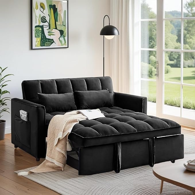 Convertible Sofa Bed, Pull Out Couch with Side Pockets, 3 in 1 Velvet Fabric Loveseat Sleeper Sofa Bed, Pull Out Couch with Adjustable Backrest for Living Room, Bedroom, Apartment, Black