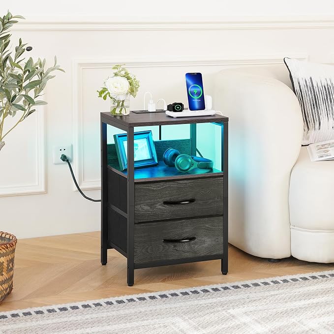 Yoobure Nightstand with Charging Station, LED Night Stand with Fabric Drawers and Storage Shelf for Bedroom, Nightstands Bedside Tables with USB Ports & Outlets, Small Night Stands, Bed Side Table - Image 8