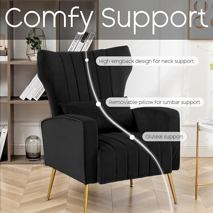 Accent Chairs Set of 2,Upholstered Living Room Chair with Lumbar Pillow, HighBack ArmChair with Metal Legs, Single Sofa Wingback Reading Chair For Bedroom, Apartment, Small Spaces Velvet Black