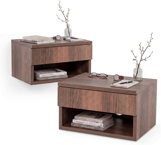 JONATHAN Y Ettore 15.71" Mid-Century Modern Floating Wall Mounted Nightstand with Soft-Close Drawer and Cable Hole, Dark Brown (Set of 2) (NST2002A-SET2) by JONATHANY