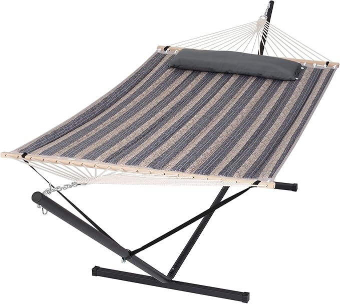 SUNCREAT Hammock with Stand 2 Person Heavy Duty, Freestanding Hammock with Spreader Bar, Soft Pillow, Gray Stripes by SUNCREAT