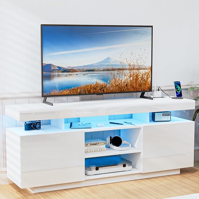 HOMMPA Modern LED TV Stand for 65/60/55 inch TV with Power Outlets, Gaming Console Storage Entertainment Center with LED Lights Game Cabinet for Living Room White by Hommpa