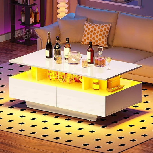 DWVO LED Coffee Table with Storage 4 Drawers, Modern High Glossy Coffee Tables for Living Room, White Rectangle Coffee Table Small Center Table with Open Display Shelf & Sliding Drawers, White