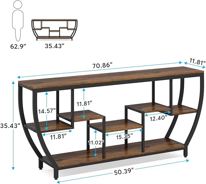 LITTLE TREE 70.9 Inch Long Console Table, Sofa Table with Storage Shelves, Industrial Entryway Table TV Stand, Behind Couch Table Accent Tables for Living Room, Hallway, Foyer