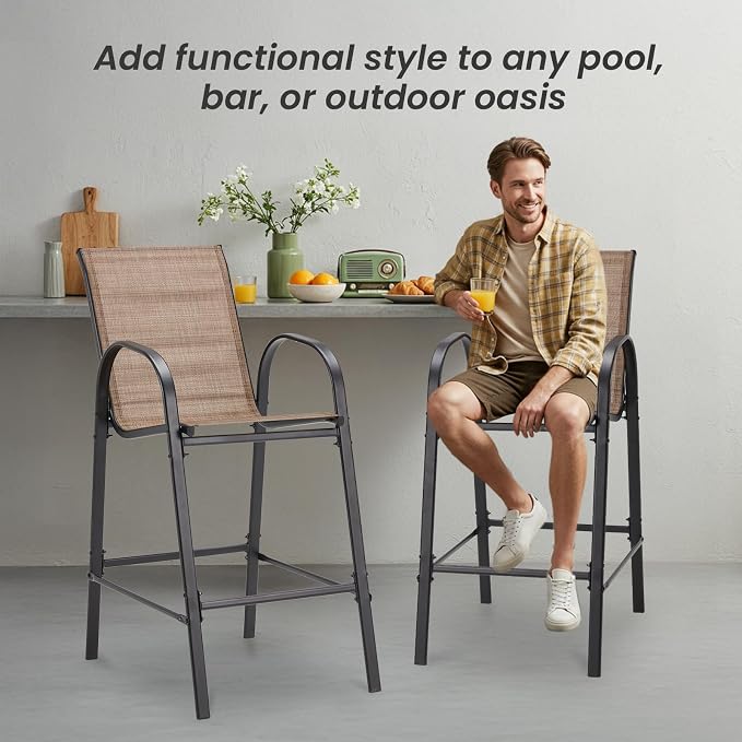 HOMREST Outdoor Bar Height Stools Set of 6,High Back Patio Chairs with Armrests,Textilene Chairs with Breathable Fabric & Metal Frame for All Weather,Brown - Image 8
