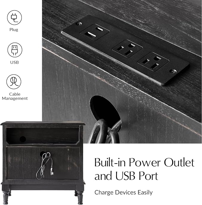 HULALA HOME Solid Wood Storage End Table with Hidden Pull-Out Shelf, Transitional 2 Drawer Side Table with Charging Station, Large SideTable with USB Ports, Easy Assembly, Charcoal - Image 4