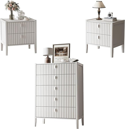 MAISONARIA 3-Piece Dresser Bedroom Set, 5 Drawer Dresser & 2 Drawer Nightstands with Metal Handles, Fluted Wood Chest of Drawers for Bedroom, Living Room, Entryway, White