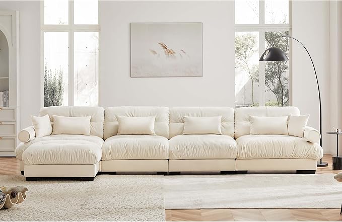 KEIKI 166" L-Shaped Oversized Velvet Modular Sectional Sofa with 1 Ottoman, High-Density Foam Cushions and Bolstered Armrests, Upholstered 4-Seater Cloud Couch with 6 Pillow, for Living Room, Cream