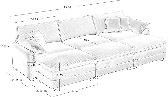 KEIKI 115" Oversized Corduroy Modular Sectional Sofa with 3 Ottoman, High-Density Foam Cushions, Removable Armrests, Upholstered 3-Seater Fluffy Corner Couch with 5 Pillow, for Living Room, Tan