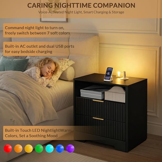 Modern Fluted Nightstands with Charging Station, Drawers, and Smart Night Light, Large Wood Nightstand with Storage Shelf, Side Tables for Bedroom, Living Room (1, Black) - Image 6