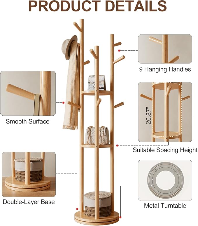 Muwuele Solid Wood Rotary Coat Rack, Freestanding Coat Rack with 3 Shelves and 9 Hooks, Coat tree for Bedroom, Entryway, Livingroom, Coat Hanger Stand for Coats, Scarves, Handbags (Natural) - Image 5