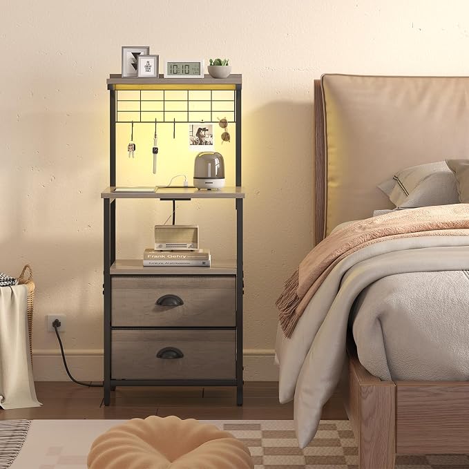 sthmec Tall Nightstands with Charging Station, LED Night Stand Bedsides with 2 Fabric Drawers,Hooks,USB Port and Open Storage Shelves,Tall End Table Bedside for Bedroom,Office, Grey - Image 6