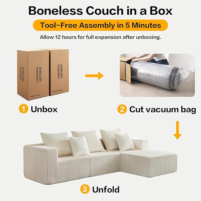 101 Inch Cloud Sectional Couch, Boneless Sofa for Living Room, Corduroy Modular Couch with L Shape Chaise, Modern Compressed Sofa in a Box, Memory Foam Filling (Beige)