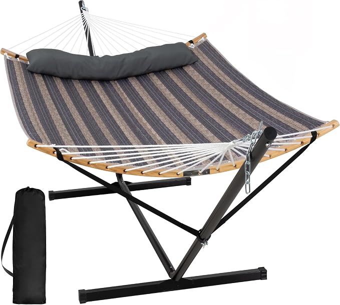 SUNCREAT Hammocks for Outside with Stand Included, Double Hammock with Curved Spreader Bar, Carrying Bag, Gray Stripes by SUNCREAT