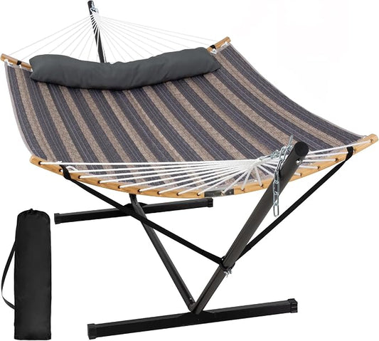 SUNCREAT Hammocks for Outside with Stand Included, Double Hammock with Curved Spreader Bar, Carrying Bag, Gray Stripes by SUNCREAT