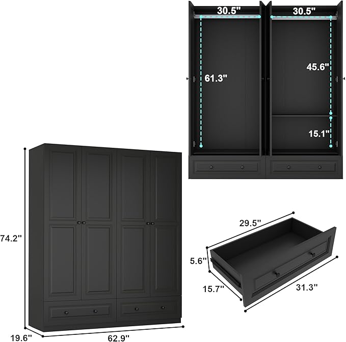 Armoire Wardrobe Closet with Drawer: Bedroom Wardrobe Closet for Hanging Clothes, Wood Cabinet for Clothes with Doors, Armoire with Shelves (Black, 63")