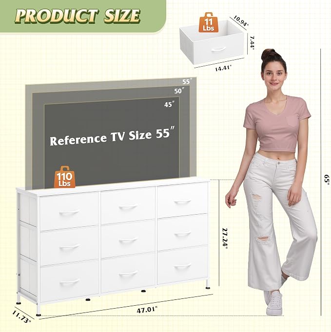 WLIVE 47''W Dresser for Bedroom, White Dresser TV Stand for 45, 50, 55 inch TV, Wide Chest of Drawers with 9 Drawer, Large Entertainment Center, Fabric Dressers with Wood Top for Closet, Living Room - Image 3