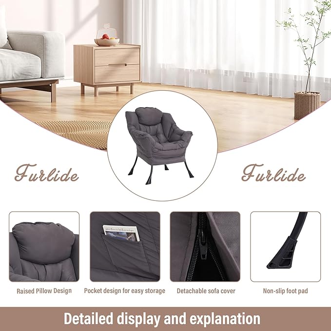 Furlide Lazy Chair for Living Room, Modern Accent Chairs with Armrests, Dark Grey Armchairs with Side Pocket, Cozy Lazy Sofa for Reading, Balcony, Bedroom, Dorm, Small Spaces