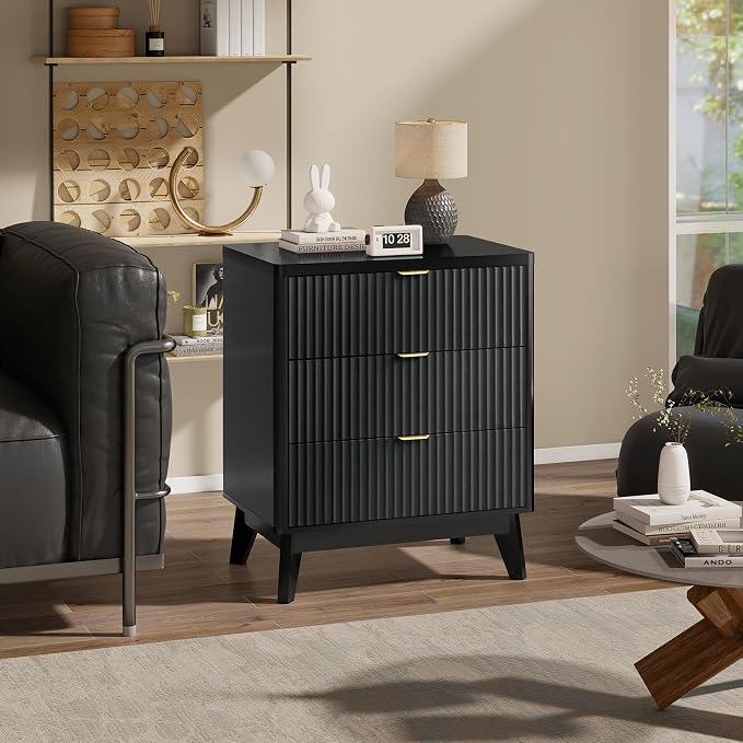 LYNCOHOME Fluted Nightstand Set of 2, Wood Bedside Table with 3 Drawers, Modern Farmhouse Storage End Table for Bedroom, Black - Image 5