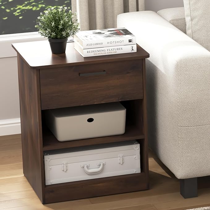 Night Stand with Charger Station, Modern Nightstand with USB Type-C Ports and AC Outlets, Large Bedside Table with Drawer and Open Storage, Wooden End Table for Bedroom (Brown, 1 Drawer) - Image 3
