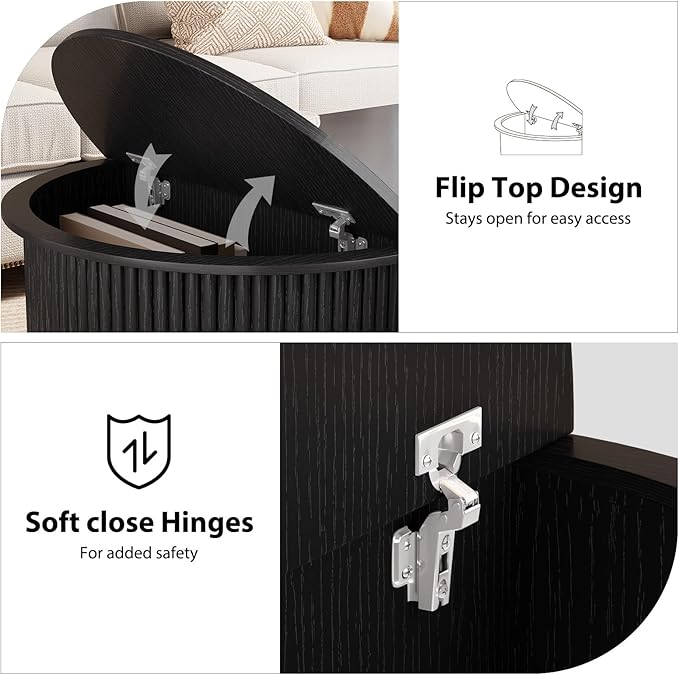 HSH Oval Coffee Table with Storage, 47” Modern Coffee Table with Press Type Door, Fluted Living Room Tables with 2 Flip-Top Hidden Lids, Wood Center Table for Living Room, Office, Black