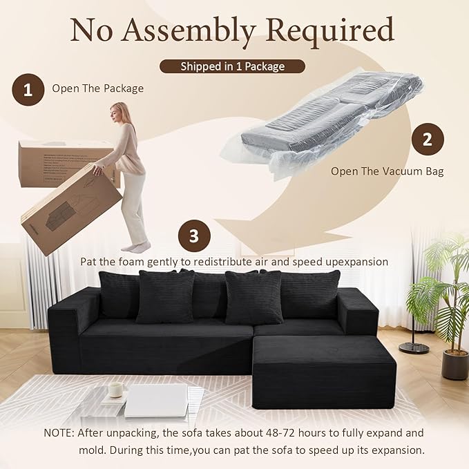 INGEROOM 108" Modular Cloud Sectional Couch with Deep Seat, Boneless Sofa with Movable Ottoman, Plush Corduroy Memory Foam Couch for Living Room, No Assembly, Black
