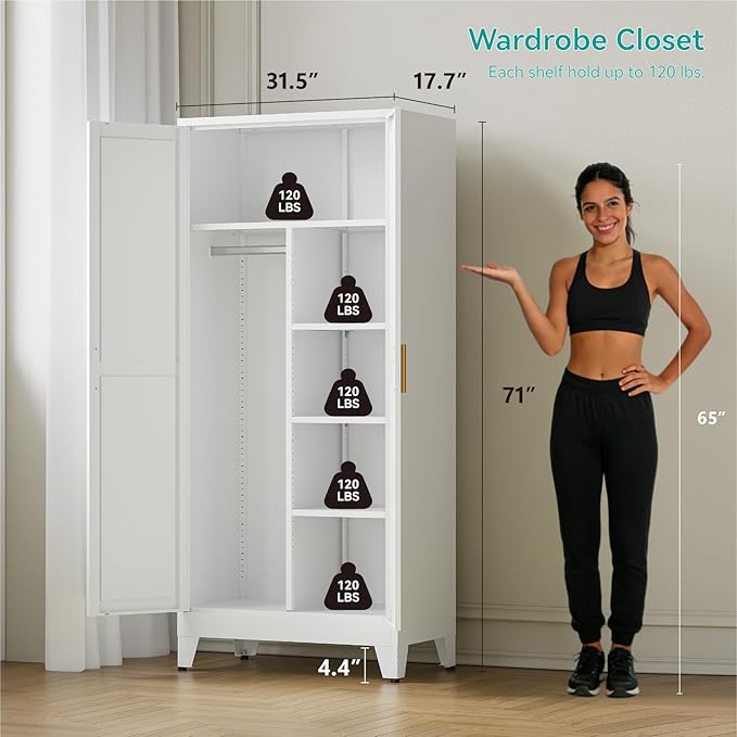 71" Tall Metal Armoire Wardrobe Closet with Hanging Rod and 3 Adjustable Shelves,White Storage Cabinet,Steel Wardrobe for Bedroom Garage Laundry Room Office Apartment Amployees,6 Tier 1 Pack
