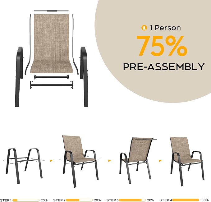 Patio Chairs Set of 4, Stackable Outdoor Dining Chairs for All Weather Textilene Fabric & Metal Frame, Outdoor Chairs Set for Backyard Deck Garden (Brown, Set of 4) - Image 5