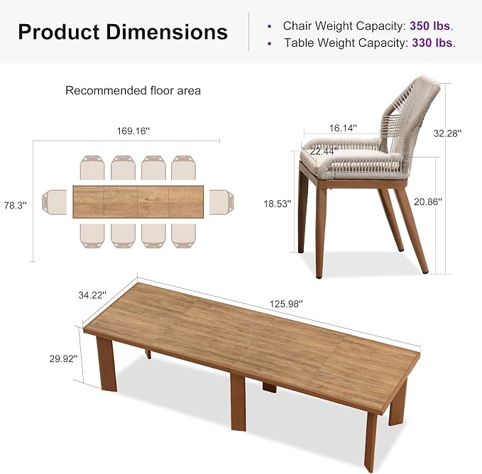 PURPLE LEAF 11 Pieces Dining Set Patio Metal Rectangular Table and Wicker Rattan Chairs for Outside Porch Garden Kitchen Modern Outdoor Furniture Sets - Image 8