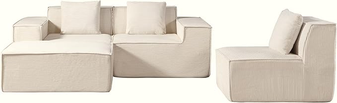 Rowan Convertible Corduroy Sectional Couch with Ottoman & Pillows, Modular L Shaped Sleeper Sofa, Boneless Cloud Couch for Living Room Furniture, Beige