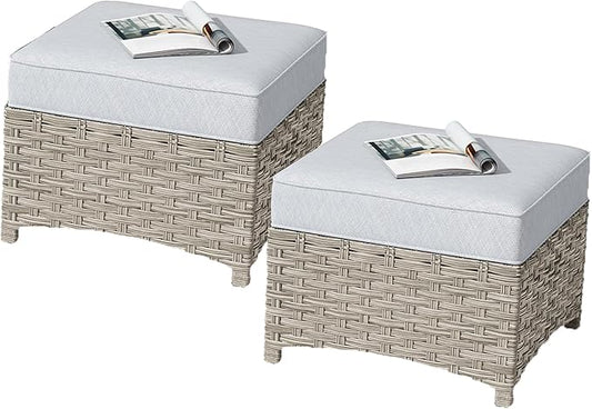 HOOOWOOO 2 Piece Patio Ottoman Set,Outdoor Wicker Ottomans,All Weather Resistant Rattan Deck Ottoman Matching Furniture(Light Grey Gray)