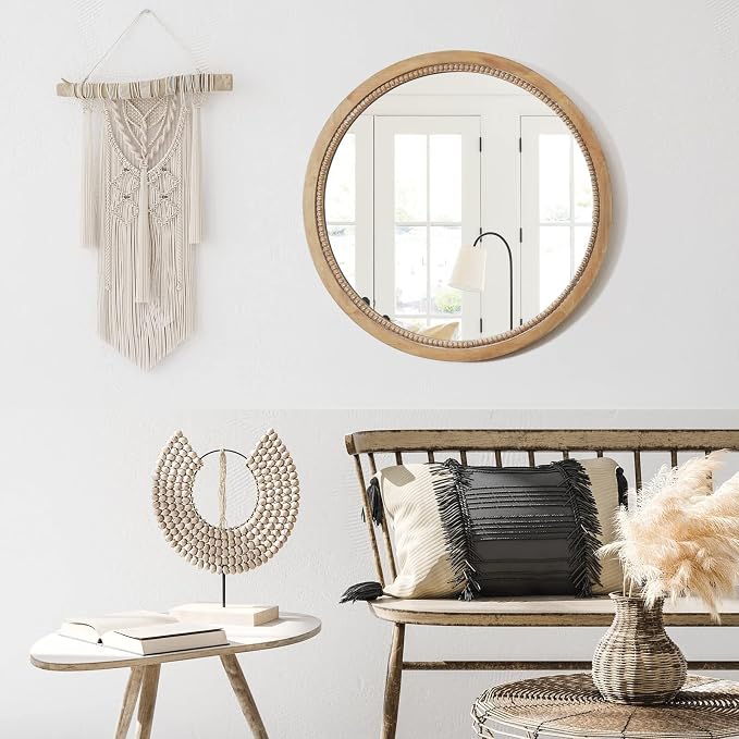 sawsile Round Wood Mirror,36 inch Circle Rustic Farmhouse Natural Wooden Frame Boho Beads Wall Mirror for Bathroom,Living Room,Bedroom or Entryway - Image 6