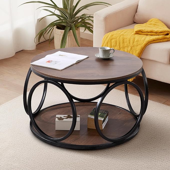 BECHAEO 31.5" Round Coffee Table with Storage - 2 Tier Vintage Coffee Table for Living Room, Industrial Design Wood Top & Metal Legs, Modern Accent Cocktail Tables for Home Office
