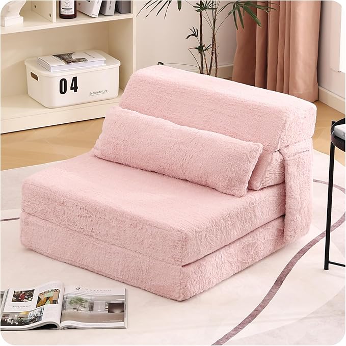 Tiita Convertible Folding Sofa Bed Single Size for Adults with Pillow, Plush Fabric Floor Mattress Couch Bed, Washable Cover & Side Pocket, Guest Room, Dorm, Apartment, Living Room, Pink