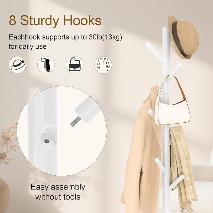 Coat Rack Freestanding with Stable Square Base for Cloathes, Hat, Used in Bedroom, Office and Entryway, Sturdy and Easy Assembly Coat Tree with 3 Adjustable Sizes and 8 Hooks, White - Image 5