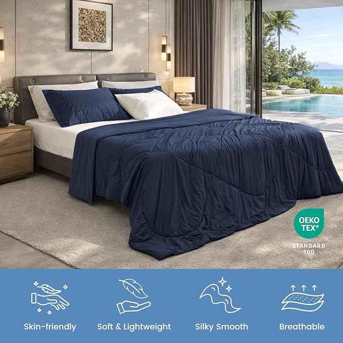 Cozy Bliss Cooling Comforter Twin Size, Cooling Blankets for Hot Sleepers and Night Sweats, Dark Blue Summer Comforter for Twin Size Bed, Breathable Soft Lightweight Silk Smooth