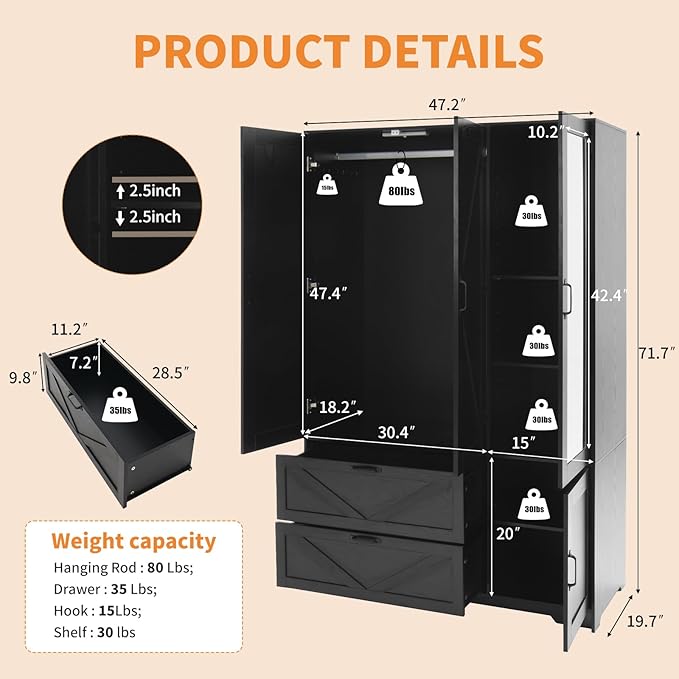 Armoire Wardrobe Closet, 72'' Wardrobe Cabinet with 2 Drawers & Mirror, 3 Doors Bedroom Clothes Closet with Hanging Rod & Built-in Light, Wooden Wardrobe Cabinet with Adjustable Shelf for Bedroom